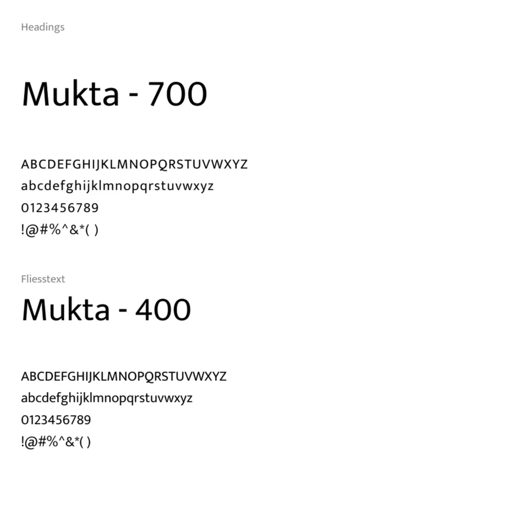 Typografie Uebersicht mit Schriftart Mukta fuer Ueberschriften und Fliesstext jeweils mit Beispielalphabet Zahlen und Zeichen.