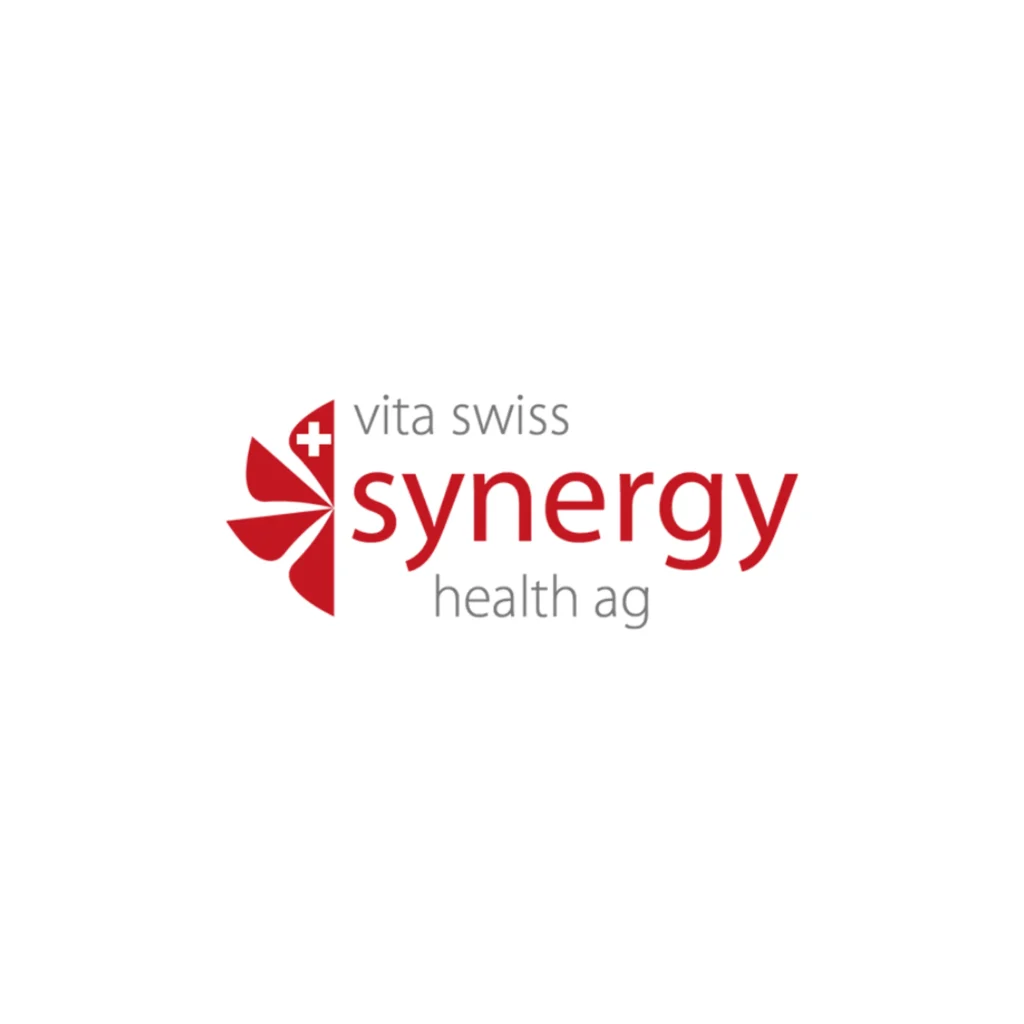 Firmenlogo Vita Swiss Synergy Health AG mit rotem Schriftzug und grafischem Symbol auf weissem Hintergrund.