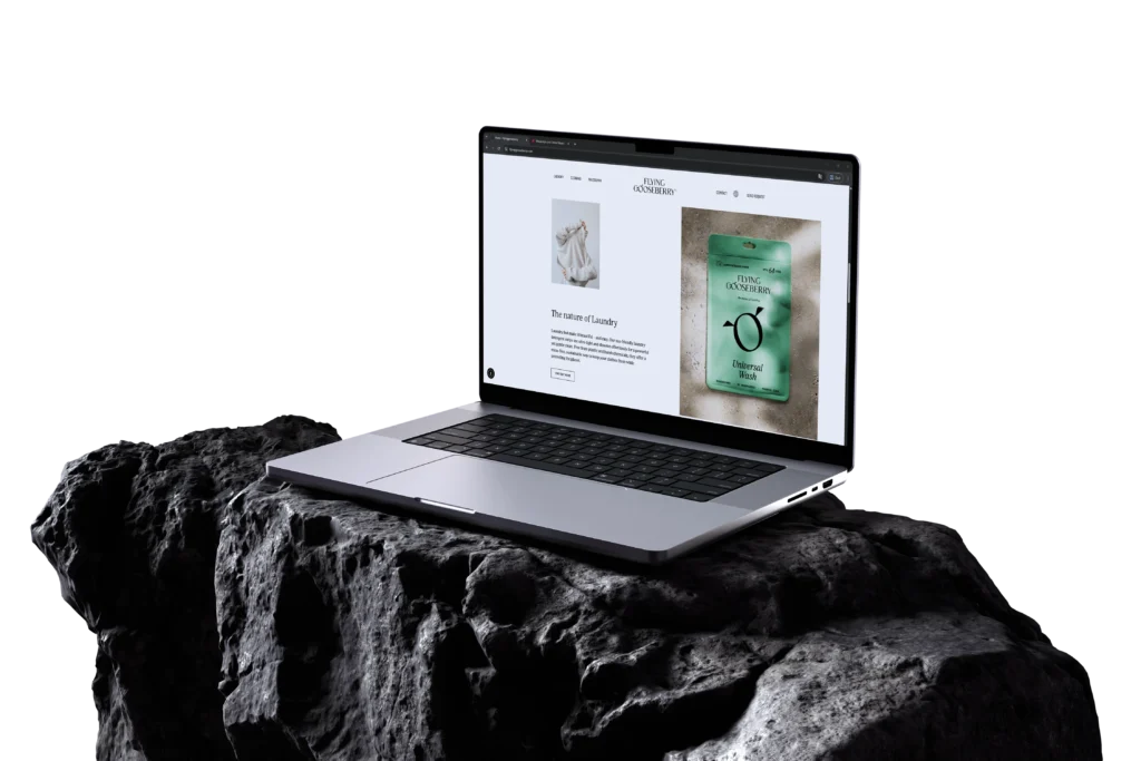 Website-Mockup von Flying Gooseberry auf einem Laptop, platziert auf einer dunklen Steinoberfläche vor schwarzem Hintergrund. Zu sehen ist ein cleanes, minimalistisches Webdesign mit Produktdarstellung (nachhaltiges Waschmittel), ruhiger Farbpalette und klarer Typografie, das den natürlichen und hochwertigen Markenauftritt unterstreicht.