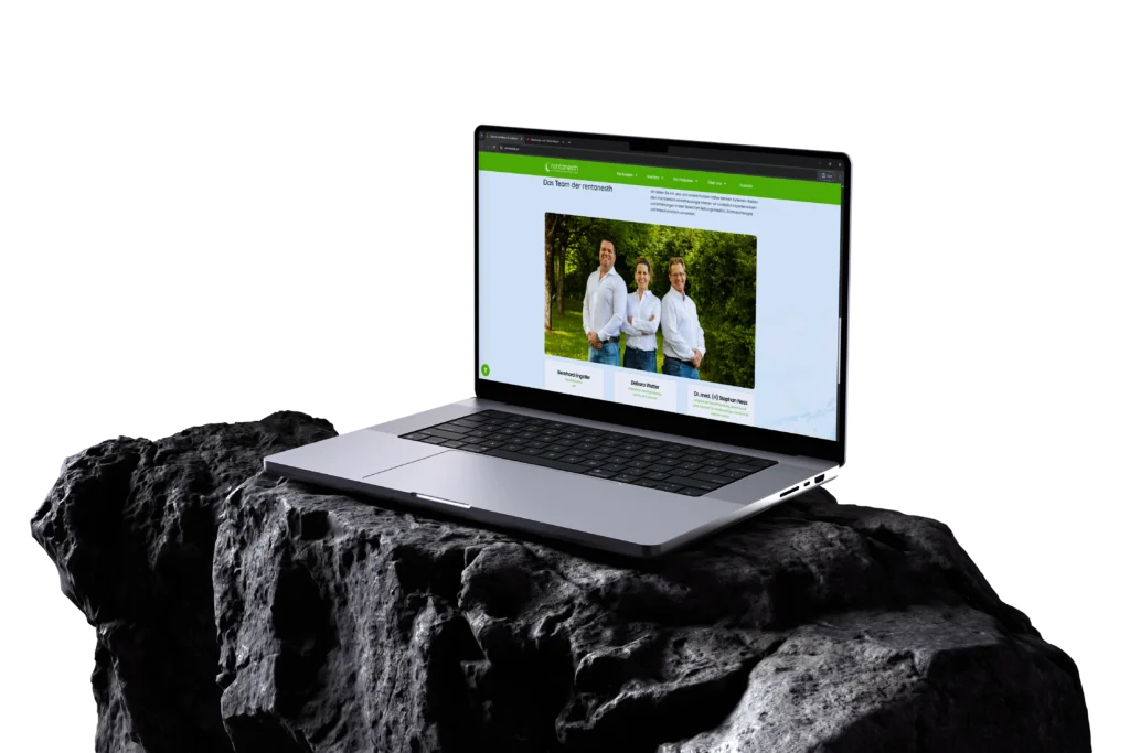 Website-Mockup von Rentanest auf einem Laptop, platziert auf einem dunklen Steinpodest vor schwarzem Hintergrund: Zu sehen ist die Team-Seite mit Gruppenfoto im Grünen, klarer grüner Navigation, hellem Layout und strukturierter Darstellung der Teammitglieder im modernen Webdesign.