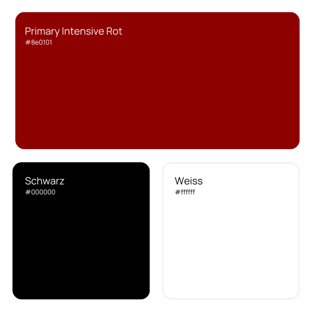 Farbpalette der Wirtschaft zum Hirschen: Kräftiges Primärrot (#8e0101), ergänzt durch Schwarz (#000000) und Weiss (#ffffff) auf hellem Hintergrund.