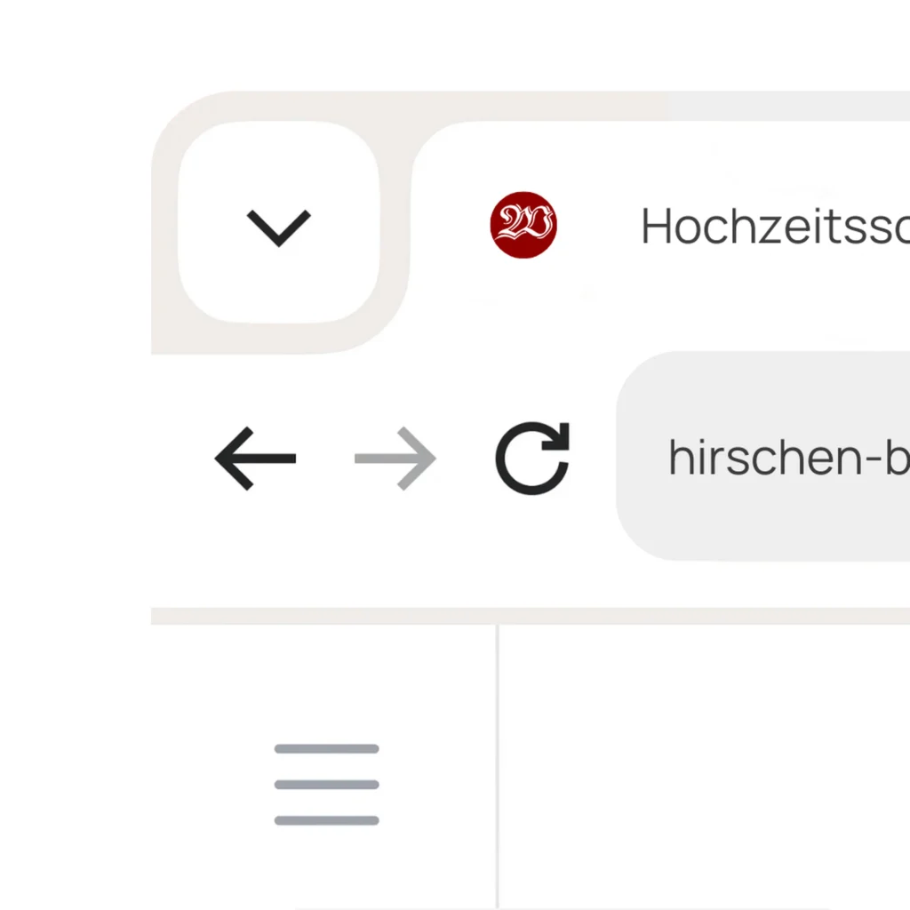 Ausschnitt einer Browseroberflaeche mit Navigationselementen Zurueck Vorwaerts Neu laden und Seitenadresse einer Hochzeitswebseite.