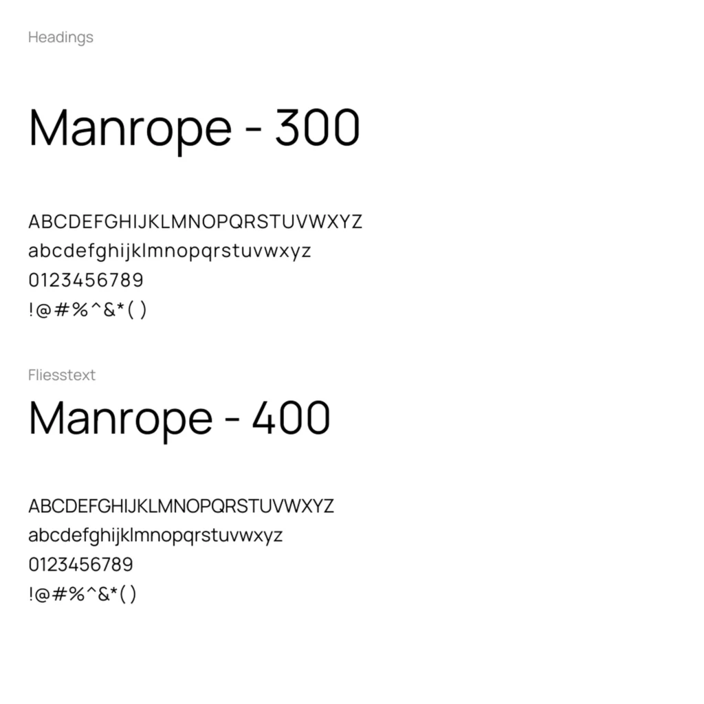 Typografie Uebersicht mit Schriftart Manrope fuer Ueberschriften und Fliesstext jeweils mit Beispielalphabet Zahlen und Zeichen.