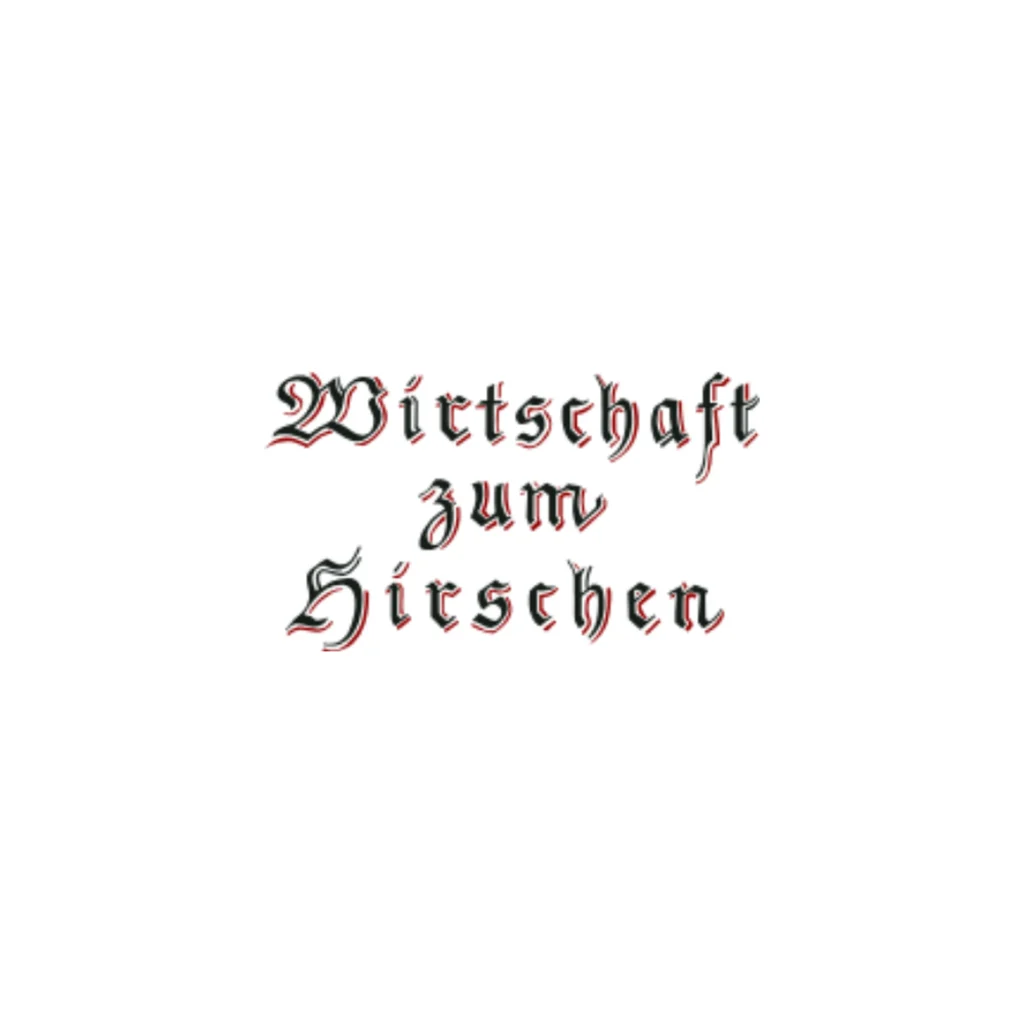 Logo der Wirtschaft zum Hirschen: Traditionelle Frakturschrift in Schwarz mit roten Akzenten, dreizeilig gesetzt auf hellem Hintergrund.