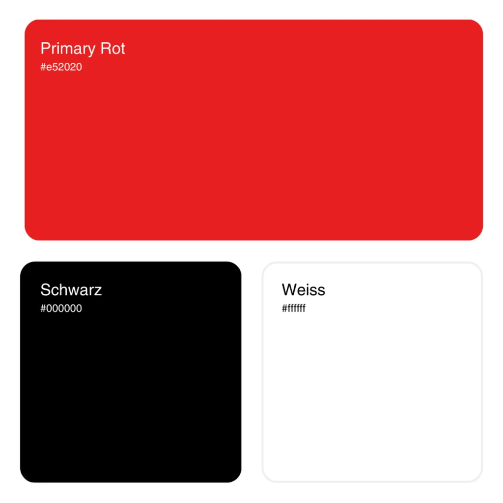 Farbpalette der FairTex Group mit Primärfarbe Rot (#e52020) sowie den Grundfarben Schwarz (#000000) und Weiss (#ffffff) in abgerundeten Farbflächen.