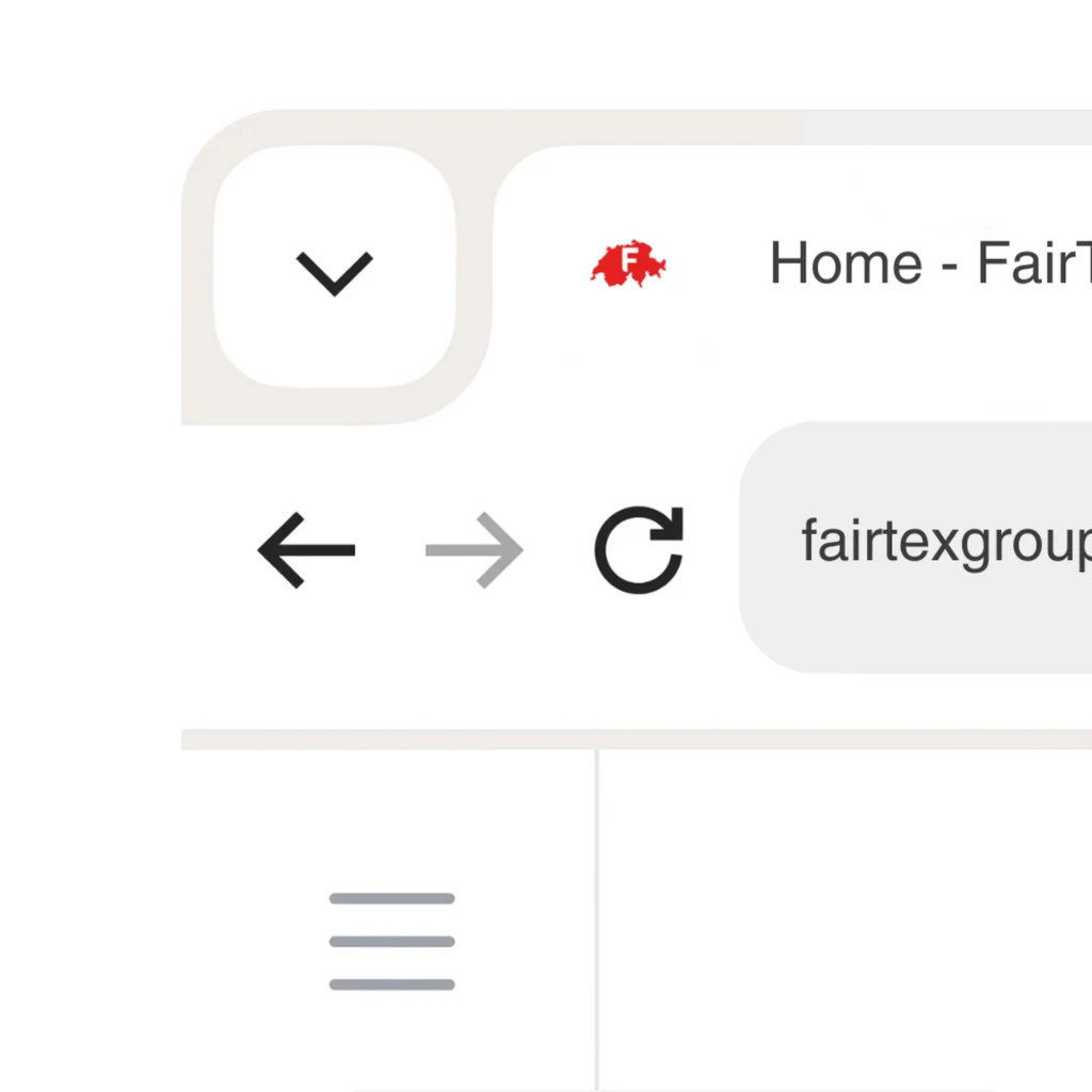 Ausschnitt der Website-Navigation der FairTex Group mit Browser-Adressleiste: Links Navigations-Icons (Zurück, Vor, Aktualisieren), rechts die URL „fairtexgroup…“ sowie ein rotes Favicon mit einem stilisierten „F“ auf einer Schweizer Kartenform.