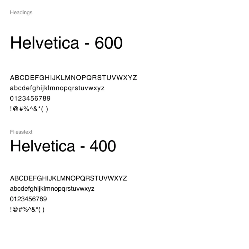 Typografie-Übersicht der FairTex Group mit der Schriftart Helvetica: Überschriften in Helvetica Bold (600) und Fliesstext in Helvetica Regular (400), jeweils mit Beispielalphabet, Zahlen und Sonderzeichen.
